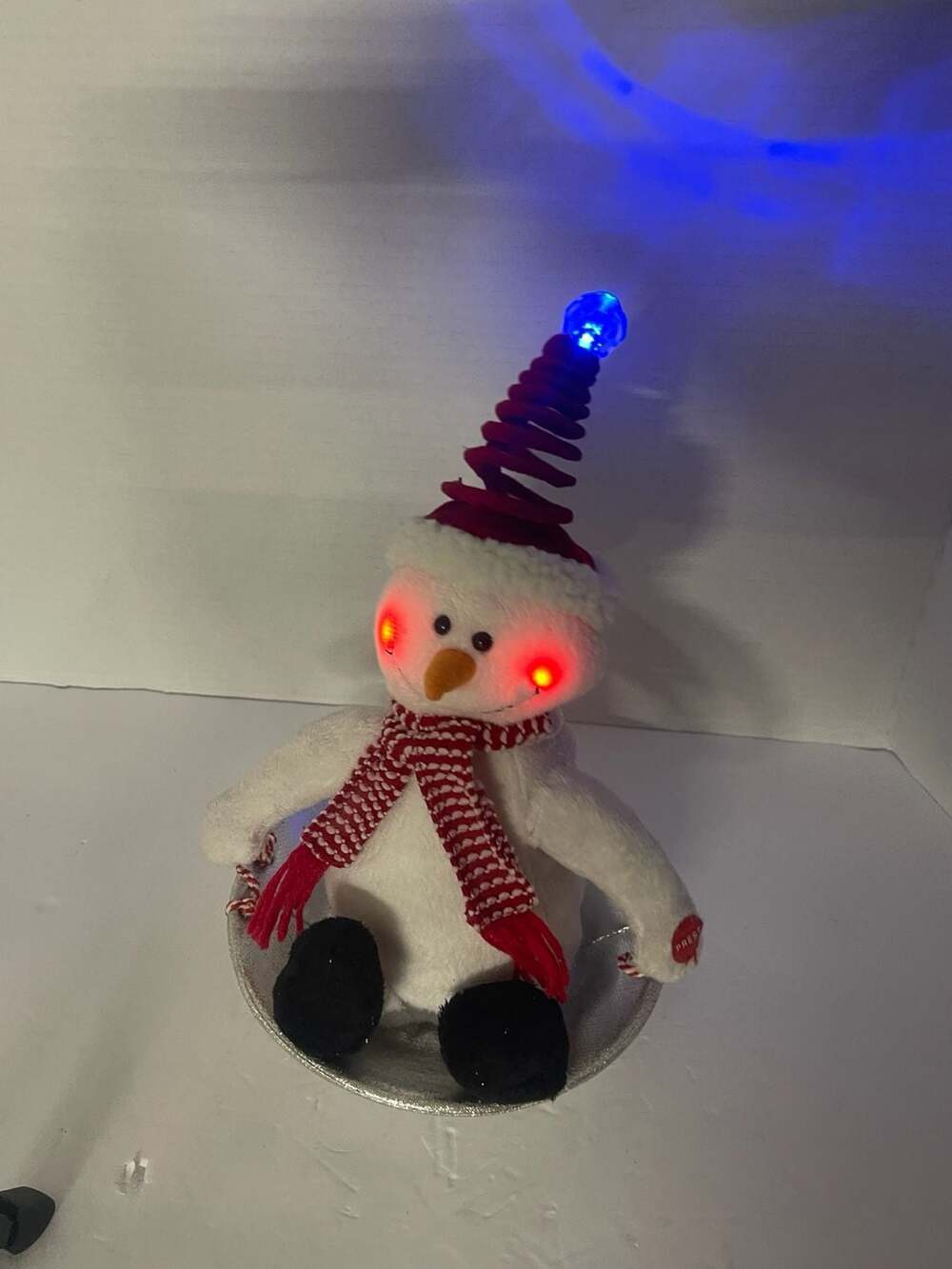 (Works) Pan Asian Creations Animated Plush Lighted Snowman on Sled Springy Hat